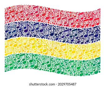 Mosaic waving Mauritius flag constructed of melody symbols. Vector musical collage waving Mauritius flag constructed for club news. Mauritius flag collage is designed from randomized melody items.
