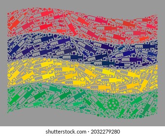 Mosaic waving Mauritius flag created with virus and needle items. Vector inoculation collage waving Mauritius flag created for pandemic purposes.