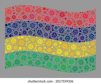 Mosaic waving Mauritius flag designed with coronavirus icons. Vector coronavirus mosaic waving Mauritius flag constructed for inoculation applications. Designed for political or patriotic purposes.