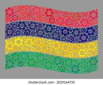 Mosaic waving Mauritius flag designed with repair icons. Vector cog wheel collage waving Mauritius flag constructed for service projects.