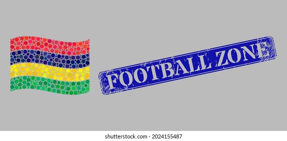 Mosaic waving Mauritius flag designed with round dots, and scratched Football Zone rectangle stamp seal. Vector spheres are grouped into waving Mauritius flag collage.