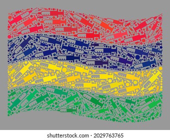 Mosaic waving Mauritius flag designed of syringe items. Vector addiction collage waving Mauritius flag designed for quarantine purposes. Mauritius flag collage is designed from random vaccine icons.