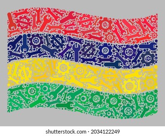 Mosaic waving Mauritius flag designed of equipment items. Vector engine, spanner mosaic waving Mauritius flag designed for industrial purposes. Mauritius flag collage is shaped of random gear items.