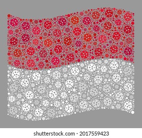 Mosaic waving Monaco flag constructed of covid elements. Vector covid mosaic waving Monaco flag done for medicare posters. Designed for political or patriotic posters.