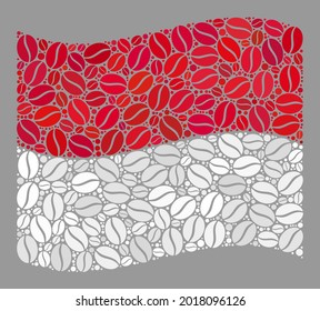 Mosaic waving Monaco flag is constructed with coffee grain icons. Vector coffee collage waving Monaco flag done for coffee shops labels. Monaco flag collage is done from scattered coffee.