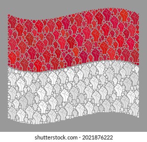 Mosaic waving Monaco flag created with fist items. Conflict hand vector collage waving Monaco flag created for freedom purposes. Designed for political and patriotic purposes.