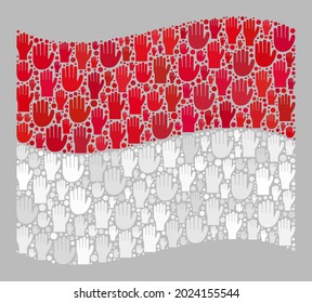 Mosaic waving Monaco flag designed with raised agree hand icons. Vector democracy mosaic waving Monaco flag created for referendum projects. Monaco flag collage is formed with vote hands.