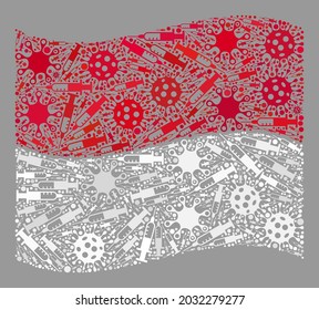 Mosaic waving Monaco flag designed of viral and needle items. Vector covid-2019 treatment collage waving Monaco flag combined for safety advertisement.