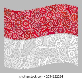 Mosaic waving Monaco flag designed of wheel icons. Vector gear wheel, spanner mosaic waving Monaco flag created for industrial posters. Monaco flag collage is designed from scattered equipment icons.