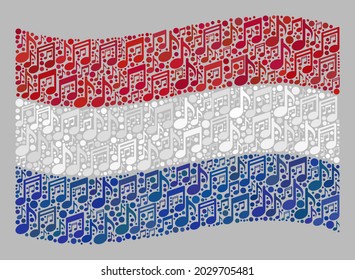 Mosaic waving Netherlands flag constructed of melody notation symbols. Vector melody collage waving Netherlands flag done for concert purposes.