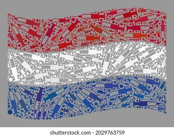 Mosaic waving Netherlands flag constructed of vaccine elements. Vector vaccine mosaic waving Netherlands flag constructed for treatment projects.
