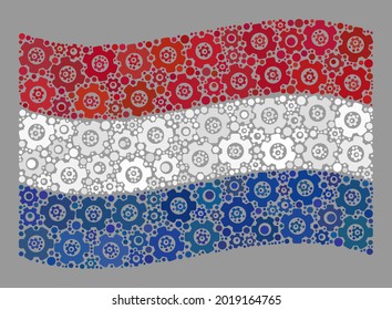 Bandera de los Países Bajos ondulada por mosaicos diseñada con elementos tecnológicos. Mosaico de la rueda del vector ondeando la bandera neerlandesa combinada para papeles de pared de producción.
