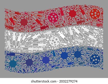 Mosaic waving Netherlands flag designed with virus and needle icons. Vector virus therapy mosaic waving Netherlands flag designed for medical posters.