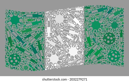 Mosaic waving Nigeria flag created with viral and syringe elements. Vector inoculation collage waving Nigeria flag created for epidemic projects.