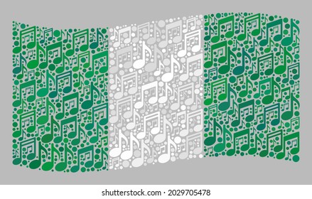 Mosaic waving Nigeria flag designed with melody icons. Vector music collage waving Nigeria flag designed for party posters. Nigeria flag collage is made of randomized melody items.