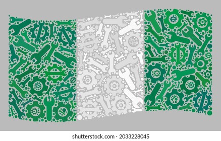 Mosaic Waving Nigeria Flag Designed With Mechanical Items. Vector Cog Wheel, Spanner Mosaic Waving Nigeria Flag Done For Mechanical Illustrations.