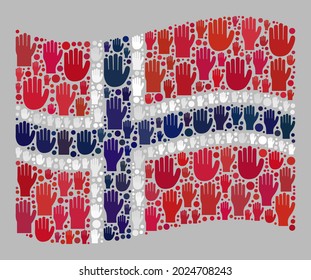 Mosaic waving Norway flag created of raised up like arm icons. Vector vote mosaic waving Norway flag created for party advertisement. Norway flag collage is organized of electoral palms.