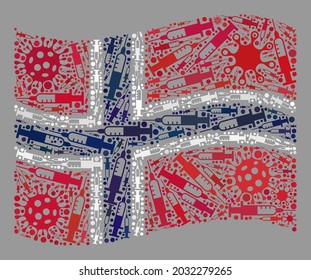 Mosaic waving Norway flag created with viral and needle items. Vector vaccination collage waving Norway flag created for safety propaganda.