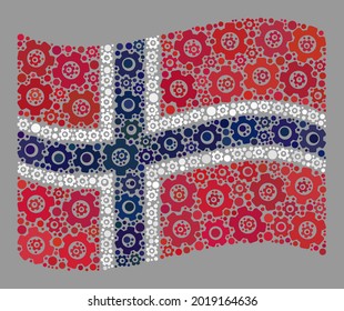 Mosaic waving Norway flag designed with cog icons. Vector cog wheel mosaic waving Norway flag combined for mechanical purposes. Norway flag collage is composed from randomized factory items.