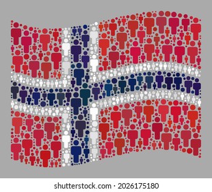 Mosaic waving Norway flag designed with man items. Vector people mosaic waving Norway flag designed for political purposes. Norway flag collage is made with scattered social items.