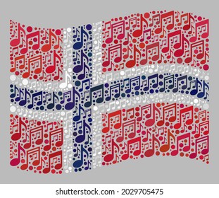 Mosaic waving Norway flag designed of musical notation symbols. Vector music mosaic waving Norway flag designed for concert purposes. Norway flag collage is composed of scattered music icons.