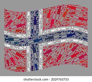 Mosaik schwingende norwegische Flagge, die aus Nadelelementen entworfen wurde. Vektorviren-Therapie Collage schwingende norwegische Flagge getan für Epidemie Wallpaper. Die Katalogisierung der norwegischen Flagge erfolgt aus willkürlichen Einschließungselementen.