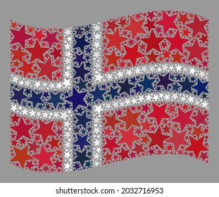Bandera de Noruega ondulante mosaico diseñada con iconos de estrellas. Mosaico con estrella vectorial ondeando la bandera de Noruega combinado para afiches de fiesta. El collage de la bandera de Noruega tiene forma de estrellas al azar.