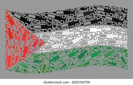 Mosaic Waving Palestine Flag Constructed With Vaccine Items. Vector Vaccination Collage Waving Palestine Flag Designed For Quarantine Propaganda.