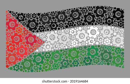 Mosaic waving Palestine flag designed of industrial elements. Vector cog wheel mosaic waving Palestine flag done for industrial purposes.