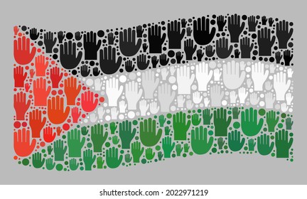 Mosaic waving Palestine flag designed with raised up voting palm icons. Vector ballot collage waving Palestine flag constructed for party advertisement.