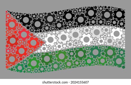 Mosaic waving Palestine flag designed with cog items. Vector cog wheel collage waving Palestine flag organized for mechanical posters. Palestine flag collage is made with randomized wheel icons.