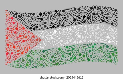Mosaic waving Palestine flag designed with petard star elements. Vector carnival mosaic waving Palestine flag organized for decoration advertisement.