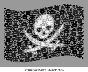 Mosaic waving pirate flag created with graduate cap elements. Student vector collage waving pirate flag done for educational apps. Pirate flag collage is shaped with scattered student hat particles.