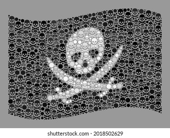 Mosaic waving pirate flag designed with death items. Pirate vector waving collage pirate flag done for caution posters. Designed for political and patriotic propaganda.