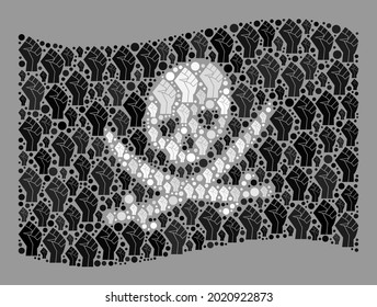 Mosaic waving pirate flag designed with riot hand items. Riot hand vector collage windy pirate flag designed for boxing applications. Designed for political or patriotic projects.
