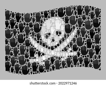 Mosaic waving pirate flag designed of raised solution hand elements. Vector political collage waving pirate flag designed for referendum advertisement.