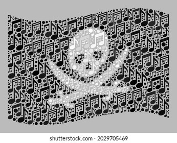 Mosaic waving pirate flag designed with music icons. Vector music collage waving pirate flag organized for festival illustrations. Pirate flag collage is done from randomized music items.