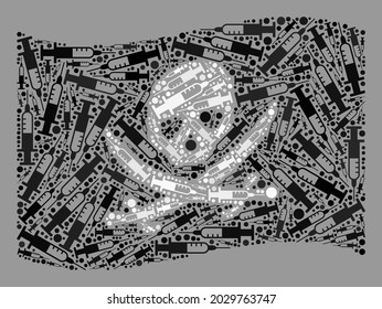 Mosaic waving pirate flag designed of syringe elements. Vector virus therapy collage waving pirate flag created for lockdown posters. Pirate flag collage is created from randomized syringe icons.