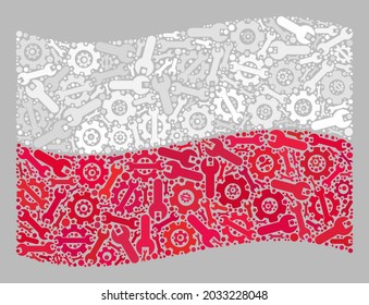 Mosaic waving Poland flag created of cogwheel items. Vector cog wheel, wrench collage waving Poland flag done for development advertisement. Poland flag collage is done with scattered wrench items.