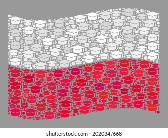 Mosaic waving Poland flag designed of graduation cap items. Student vector collage waving Poland flag designed for intelligence illustrations.