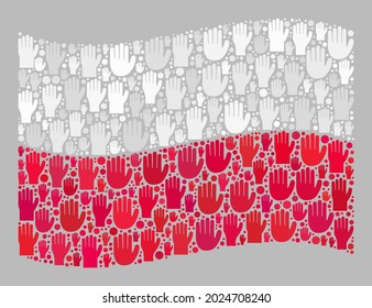 Mosaic waving Poland flag designed of raised up election palm elements. Vector democracy collage waving Poland flag created for referendum propaganda. Poland flag collage is designed of raising palms.