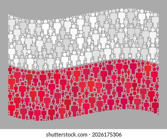 Mosaic waving Poland flag designed of men icons. Vector demographic collage waving Poland flag organized for demographics purposes. Poland flag collage is created of random man icons.