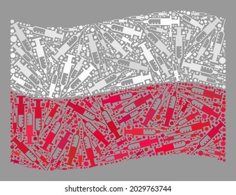 Mosaik schwenkende Polnische Flagge mit Symbolen für Spritzen. Vektor-Impfstoff Mosaik winkend Polens Flagge getan für epidemiologische Werbung. Die polnische Flagge wird aus verstreuten Impfstoffen zusammengestellt.