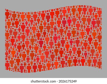 Mosaic waving red flag constructed of man items. Vector population collage waving red flag constructed for demographics advertisement. Red flag collage is shaped of randomized person items.