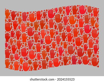 Mosaik wehende rote Fahne, die mit erhöhten Hilfs-Arm-Icons erstellt wurde. Politisches Vektormosaik schwenkende rote Fahne, die für offizielle Illustrationen entworfen wurde. Rote Fahnenkollage wird aus Hilfspalmen erstellt.