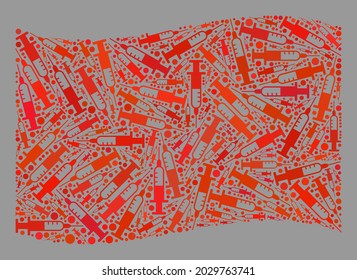 Mosaic waving red flag designed of syringe icons. Vector virus therapy mosaic waving red flag organized for medical advertisement. Red flag collage is organized with randomized inoculation icons.