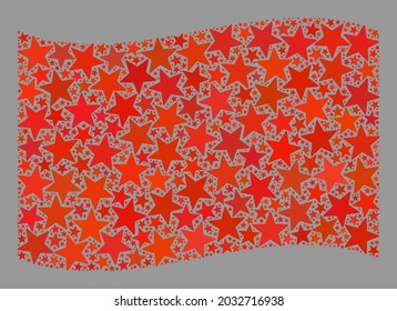 Mosaic waving red flag designed with star items. Vector starred collage waving red flag designed for holiday advertisement. Red flag collage is done with randomized stars.