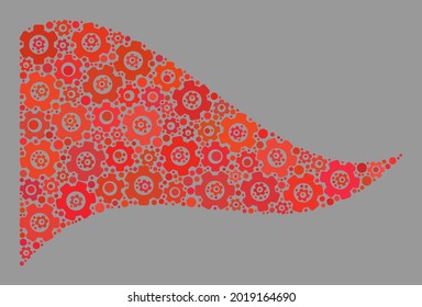 Mosaic waving red triangle flag constructed of cogwheel icons. Vector engine mosaic waving red triangle flag done for mechanical propaganda.
