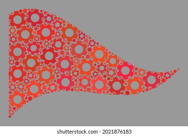 Bandera del triángulo rojo ondulado mosaico diseñada con artículos de la industria. Collage de la rueda de vectores ondeando la bandera del triángulo rojo organizada para la propaganda de control.