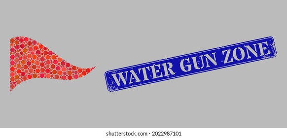 Mosaic waving red triangle flag constructed of round pixels, and distress Water Gun Zone rectangle stamp seal. Vector round elements are grouped into windy red triangle flag collage.